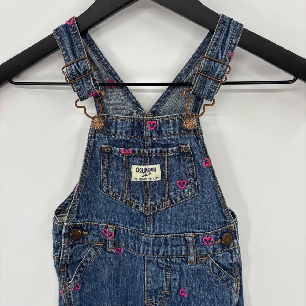 OshKosh B'gosh Heart Denim Overalls Kids 3T Blue Pink Embroidered Bib Dungarees